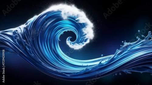 Abstract blue water wave with foam crest on a dark background
