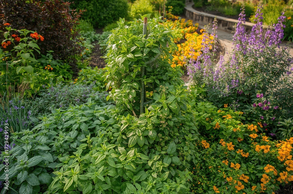 Fototapeta premium Garden herb spiral featuring vibrant herbs and blossoms