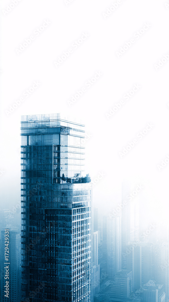 Fototapeta premium Aerial perspective of a medieval stone watchtower standing on a rugged hilltop overlooking a vast misty valley at dawn
