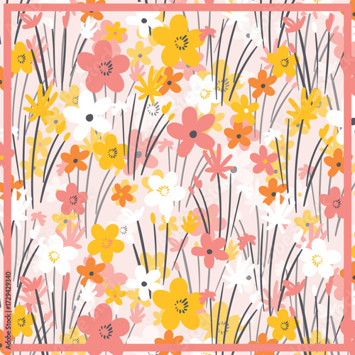 Print for kerchief, bandana, scarf, handkerchief, shawl, neck scarf. Squared pattern with ornament for fabric, textile, silk products. Paisley vector with abstract flowers. Floral folk tracery.