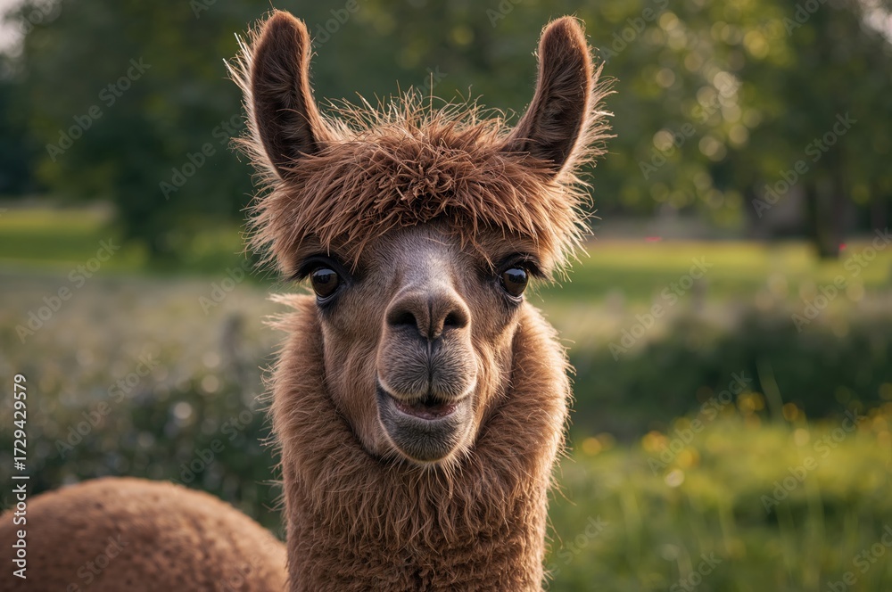 Obraz premium Close-up of a fluffy brown llama in a rural setting