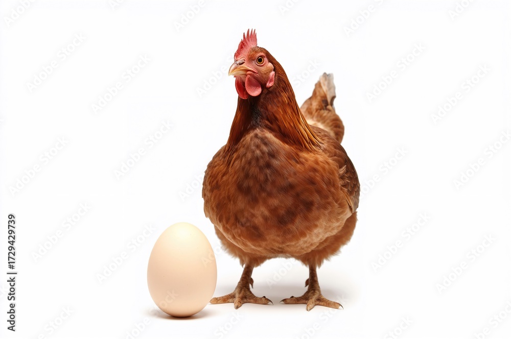 Fototapeta premium Single hen with egg on white background, studio photo