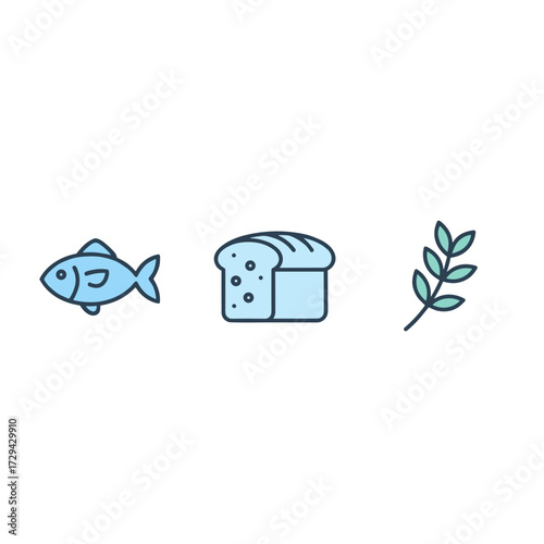 Vector illustration of Christian Eucharist symbols icon set with fish, bread, and wheat representing holy communion and biblical stories in a line art svg.