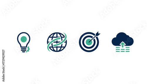 A vector illustration of a pixelated business icon set including symbols for innovation, global strategy, and cloud data technology. Isolated SVG elements.