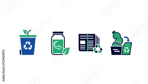 Set of recycling icons showing waste sorting for glass, paper, and plastic. Vector illustration for environmental conservation and sustainability concepts svg.