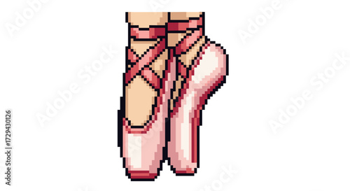 Pixel art vector illustration of classic pink pointe shoes with ribbons tied around ankles for ballet dancing, an elegant design element for creative projects.