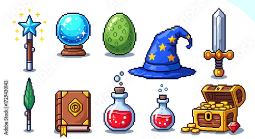 Pixel art fantasy RPG icon set for gaming assets. Includes wizard hat, magic wand, sword, treasure chest, and potion. Vector illustration in svg format.