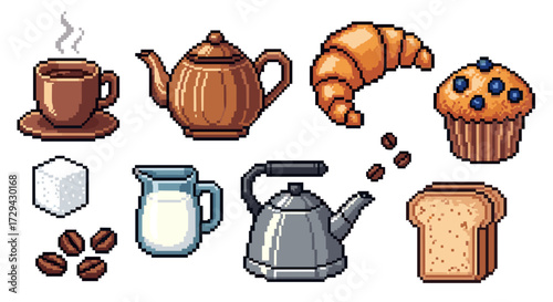 Pixel art breakfast food and drink collection svg vector illustration set with coffee, tea, croissant, muffin, milk, sugar, and toast icons for cafe menu.