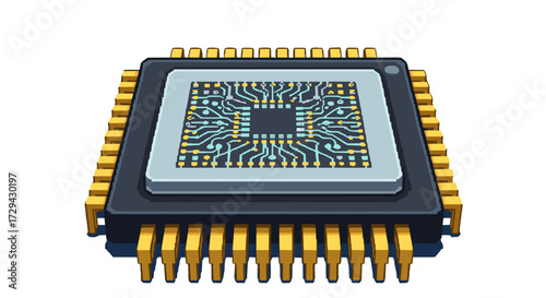 Isometric computer CPU microprocessor chip with gold pins and detailed integrated circuitry. Modern technology hardware component vector illustration svg concept.