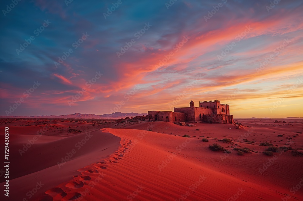 Obraz premium Ancient fortress at a desert oasis surrounded by vibrant colors and natural beauty