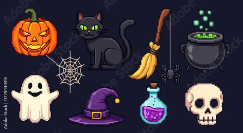 Pixel art Halloween icon collection with jack-o-lantern, black cat, ghost, skull, cauldron, witch hat, broom, spider, and potion svg vector illustration.
