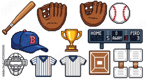Pixel art baseball icon set featuring sports equipment like bat, ball, glove, and cap. Retro 8-bit video game style vector illustration for design. Svg.