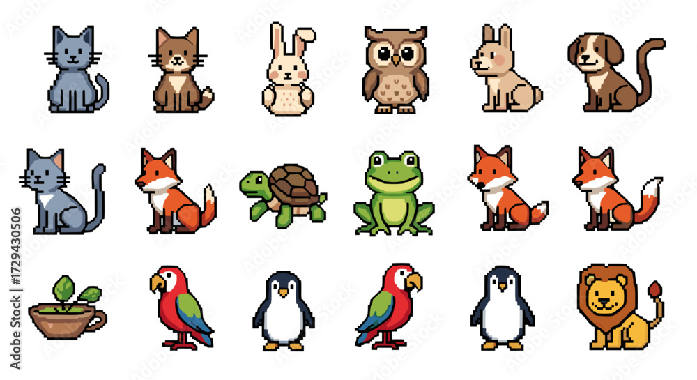 Fototapeta premium A diverse collection of cute pixel art animals in a retro arcade game style, perfect for digital design, sprite sheets, and gaming assets. Vector illustration. SVG.