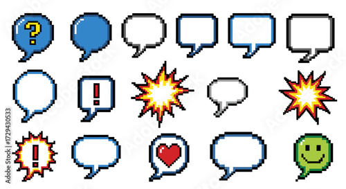 Pixel art speech bubbles and chat icons. Retro digital communication symbols for UI and game design needs. Vector illustration. SVG.