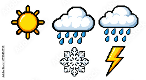 Collection of pixel art weather icons depicting sun, rain, storm, and snow for digital meteorology forecasts and graphic design projects.