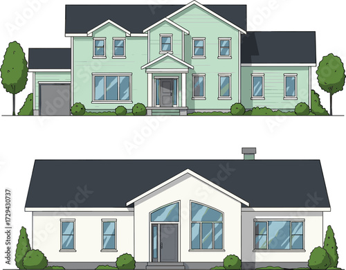 Modern residential houses, suburban homes, family living, real estate property, architecture design, green yard, front view, vector illustration