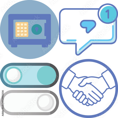 Diverse icons illustrating security, communication, and collaboration, perfect for digital interfaces and concept presentations. The collection includes a safe, a chat bubble with a notification.