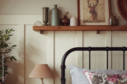 Close-up of a rustic bedroom featuring paneled walls, decorative items on a wooden shelf, and a dark metal bed frame.