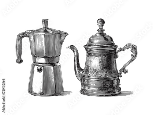 Retro hand-drawn illustration of cezve coffee pot and classic metal coffee maker