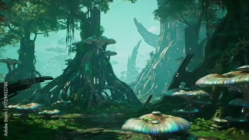 Mysterious forest scene with surreal trees and luminous flora