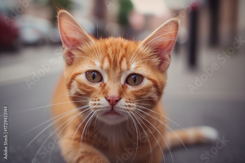 A charming lively ginger kitten outside