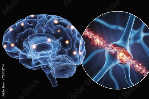 Human Brain with Glowing Neurons and Synapse Activity Illustration neural network