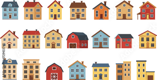 Collection of house and apartment vector illustrations, residential buildings, barns, colorful cartoon homes, modern real estate design set