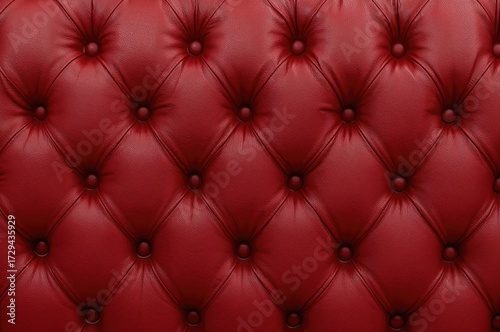 Detailed texture of deep red capitone leather upholstery with vintage Chesterfield-inspired tufted design and diamond buttons