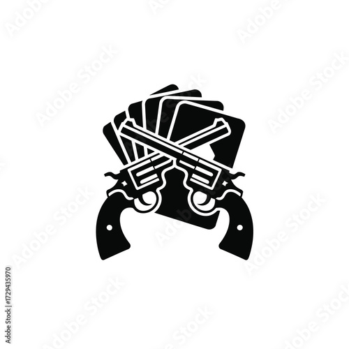 Silhouette of crossed revolvers and playing cards emblem