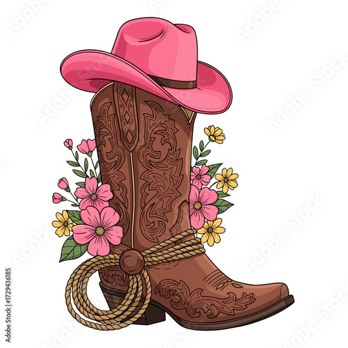 cowgirl boot, pink cowgirl hat, western boot, cowgirl aesthetic, floral cowgirl, country cowgirl, rodeo boot, girly cowgirl, western fashion, cowgirl vibe, cowboy boot with flowers, cowgirl hat and bo