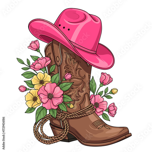 cowgirl boot, pink cowgirl hat, western boot, cowgirl aesthetic, floral cowgirl, country cowgirl, rodeo boot, girly cowgirl, western fashion, cowgirl vibe, cowboy boot with flowers, cowgirl hat and bo