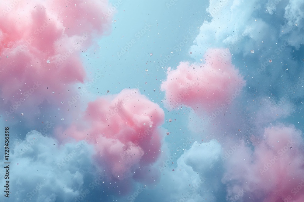 Fototapeta premium Abstract background featuring pink and blue smoky clouds with sparkling glitter particles