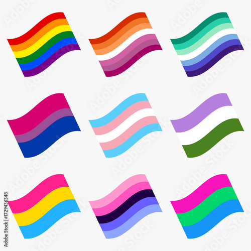 Set of wavy LGBTQ+ community pride flag vector illustration.