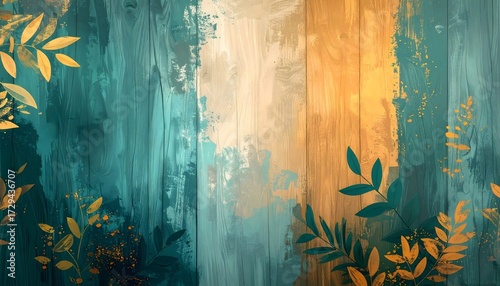 Abstract teal and ochre painted wood texture with tropical leaves for a vibrant nature background