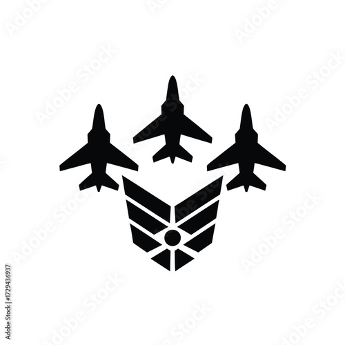 Silhouette of three airplanes above a military emblem