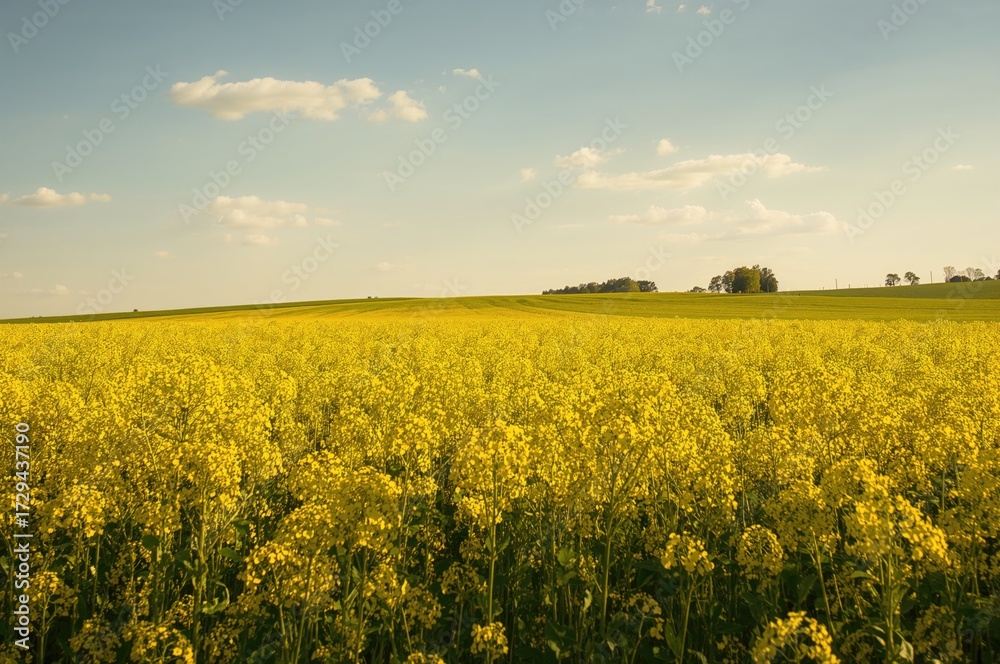 Obraz premium Field of bright yellow rapeseed blossoms in full bloom