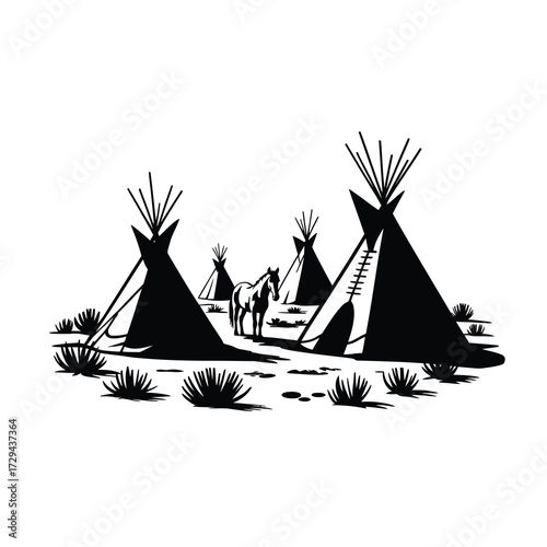 Silhouette of a native american village with teepees and a horse