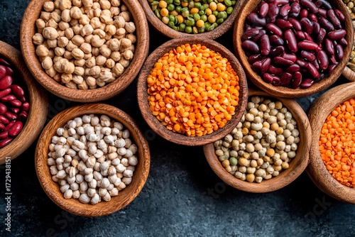 Multiple wooden bowls filled with a diverse selection of legumes and pulses are displayed on a dark stone surface. The vibrant colors highlight the richness of different seeds