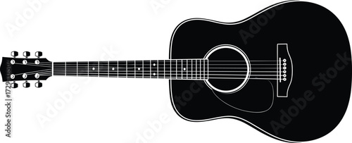 Acoustic guitar silhouette, black vector icon, musical instrument clipart, minimalist design, horizontal layout, sound hole, strings, fretboard, bridge
