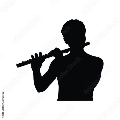Silhouette of a person playing a flute musical instrument in a side profile