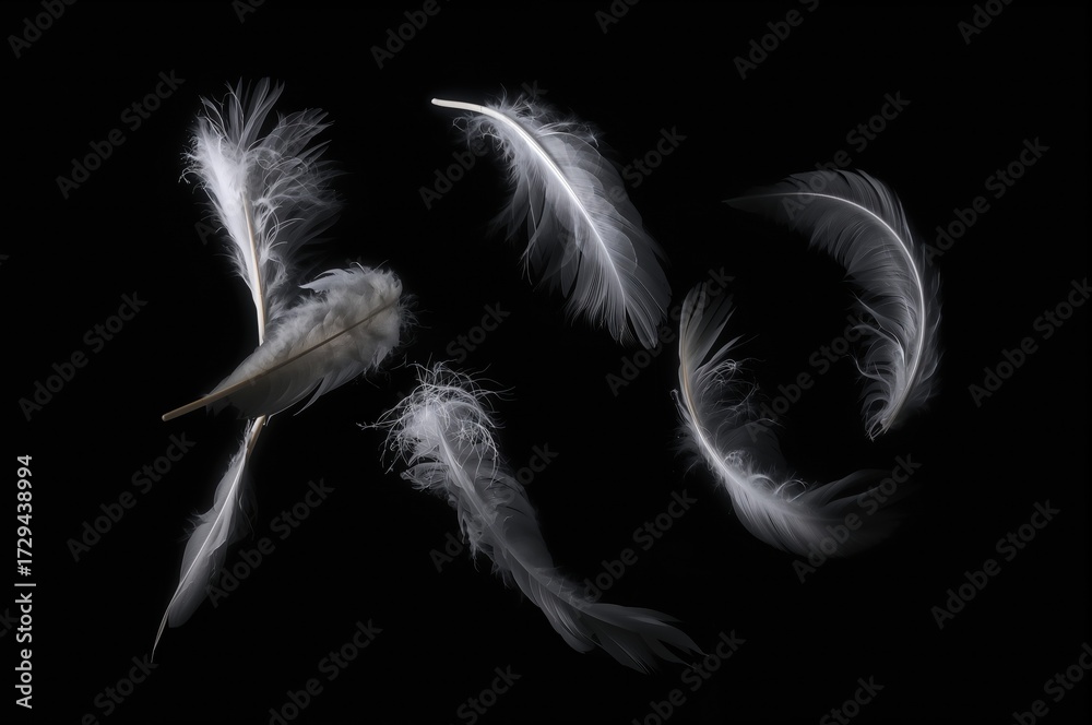Obraz premium Cluster of Gentle Pale Feathers Drifting Against a Black Background