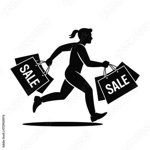 Running silhouette woman shopping bags sale expressing excitement and urgency