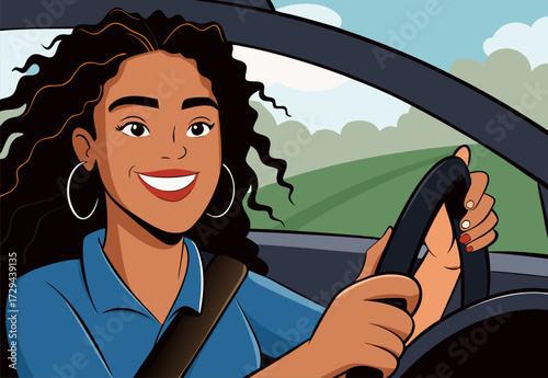 Smiling African American Woman Driving Car with Curly Hair on a Sunny Day Road Trip