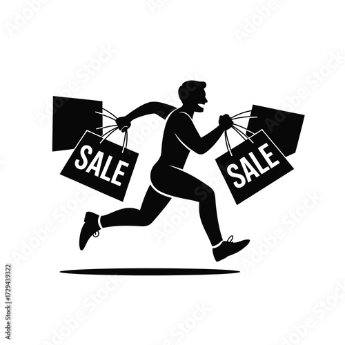 Dynamic silhouette of a person rushing with shopping bags labeled sale