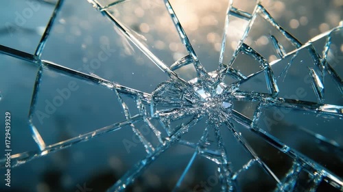 A broken glass window with a blue sky in the background