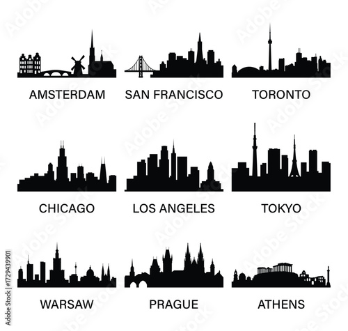 City skyline silhouettes. Amsterdam, San Francisco, Toronto, Chicago, Los Angeles, Tokyo, Warsaw, Prague, Athens. Vector illustration.
