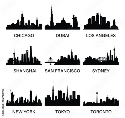 World city skyline silhouettes. Chicago, Dubai, Los Angeles, Shanghai, San Francisco, Sydney, New York, Tokyo, Toronto. Vector illustration.