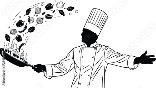 Chef silhouette flambé illustration, black vector icon, dramatic cooking pose, frying pan with flames, culinary performance clipart, food artistry design