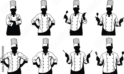 Chef silhouette icon set, black vector illustration, kitchen staff poses, cooking utensil clipart, culinary character design, hospitality branding symbols
