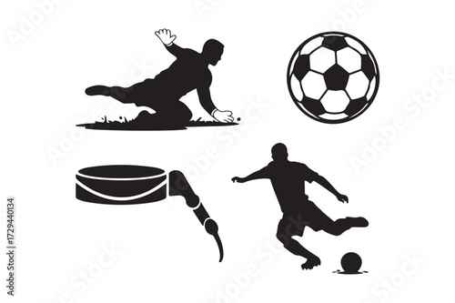 Soccer goalie player and ball silhouette sports icons